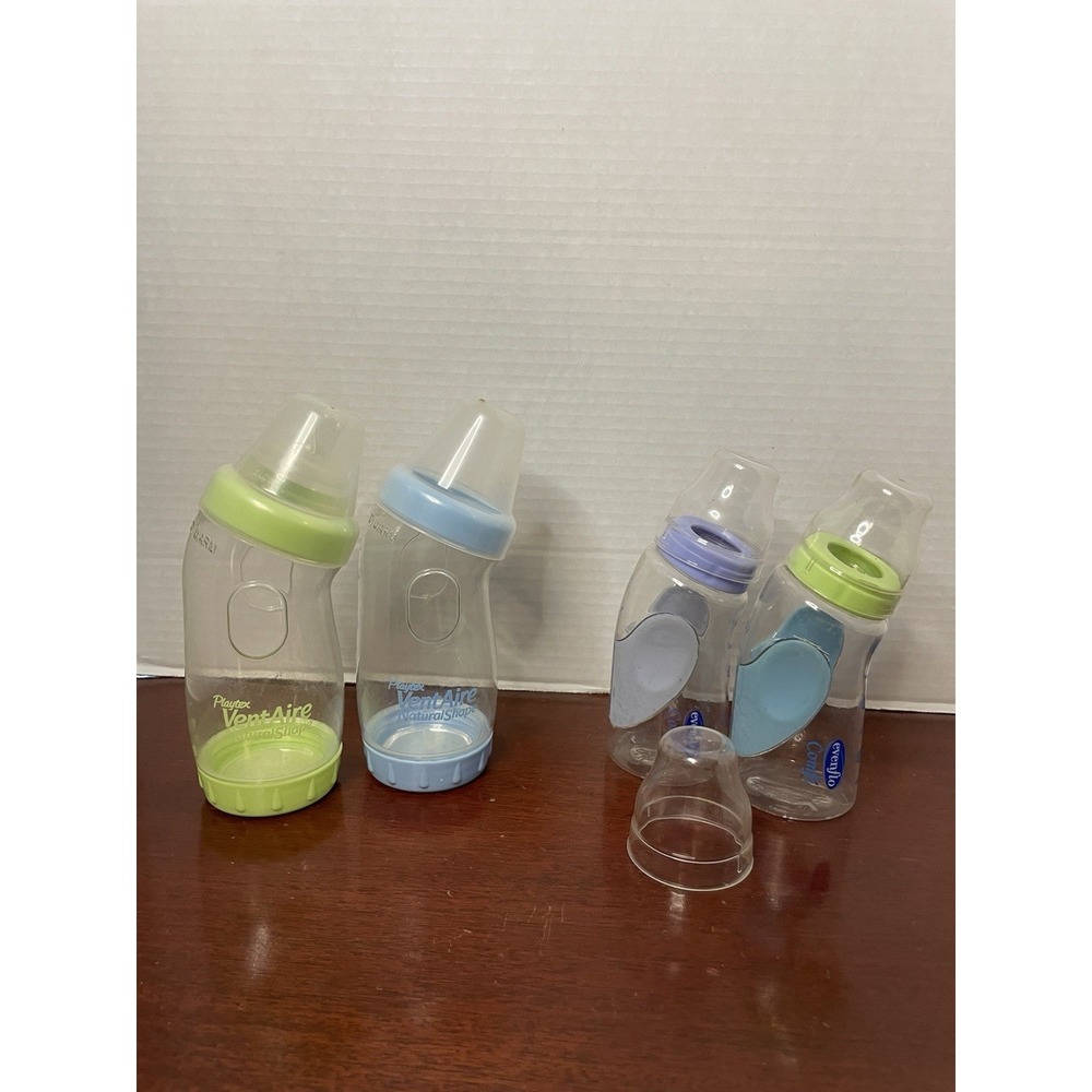 Vintage Playtex And Evenflo Baby Bottles Angled Up Right Feeding Blue Green